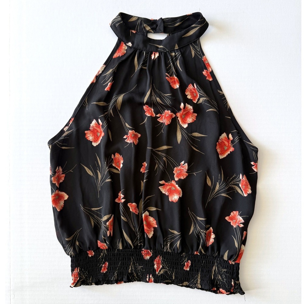 Sienna Sky Black Floral Halter Top Womens Small Smocked Hem Blouse 02CT4373